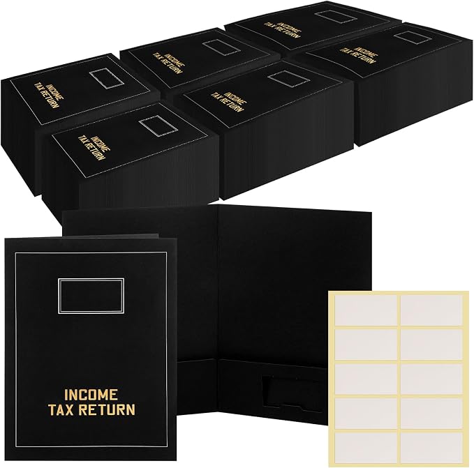 Kisston 300 Pcs Tax Return Folders Bulk 2 Pocket Gold Foil Stamped Income Tax Folders with Labels Business File Office Organizer (Black)