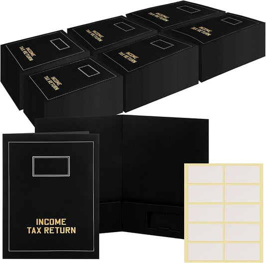 Kisston 300 Pcs Tax Return Folders Bulk 2 Pocket Gold Foil Stamped Income Tax Folders with Labels Business File Office Organizer (Black)