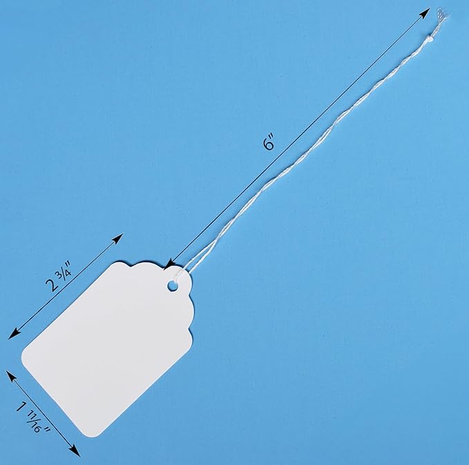 500 White Merchandise Tags #8 with String Attached – 2 3/4” x 1 11/16” – Paper Pre-Strung Marking Tags with 6” String for Pricing and Labeling