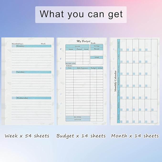 A6 Budget Planner Refill, 82 Sheet [2026] Colorful Weekly Monthly Planner Calendar Inserts 6 Hole Expense Budget for A6 Binder Cover, Money Envelopes Organizer for Wallet, Cash Saving -Leaf