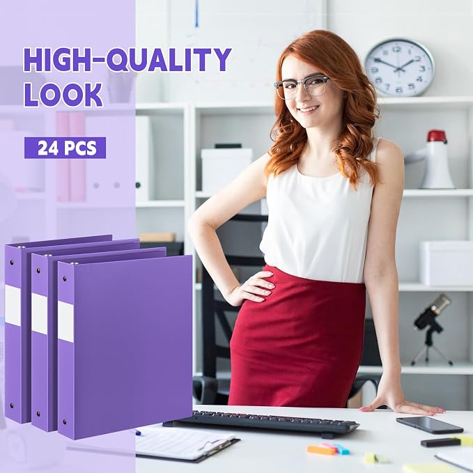 Henoyso 24 Pack 1 Inch 3 Ring Plastic Binders, Bulk Flexible PP Binders for Classroom & School Supplies, Letter Size 8.5 x 11, Holds 240 Sheets with Interior Pocket (Purple)