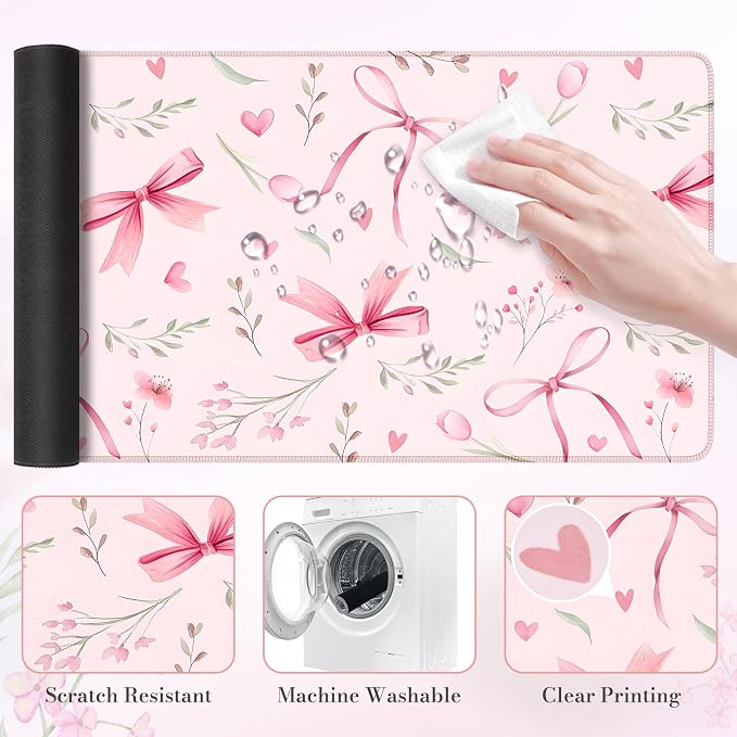 HAOCOO Pink Coquette Desk Mat, Cute Large Mouse Pad for Keyboard, Non-Slip Waterproof Desk Pad, Office Desktop Mat with Stitched Edges, Desk Decor for Women Office Aesthetics