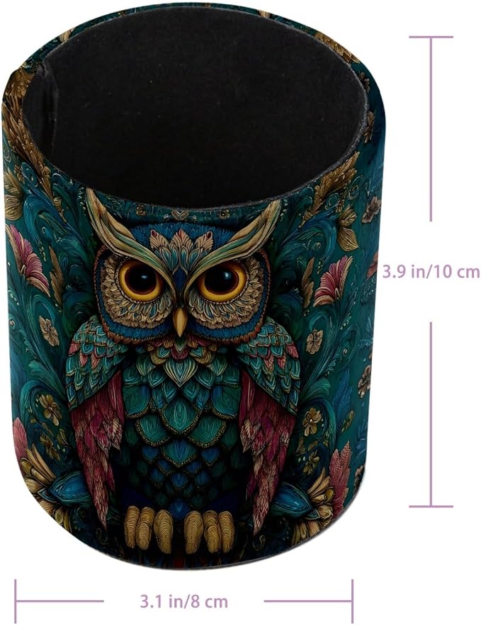 Vintage Owl and Flower Leather Pen Holder for Desk, Multifunctional Desktop Organizer Pencil Cup, Desktop Caddy Stationery Organizer for School Home Office Desk Accessories