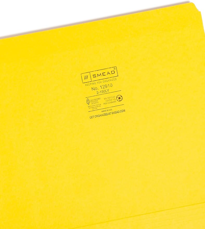 Smead File Folder, Reinforced Straight-Cut Tab, Letter Size, Yellow, 100 per Box (12910)