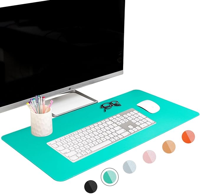 FTC PU Leather Desk Pad & Desk Blotter, Non-Slip Flannelette Base, Stitched Desk Mat for Keyboard, Mouse & Writing, Home or Office (Turquoise, 31.5” x 15.75”)