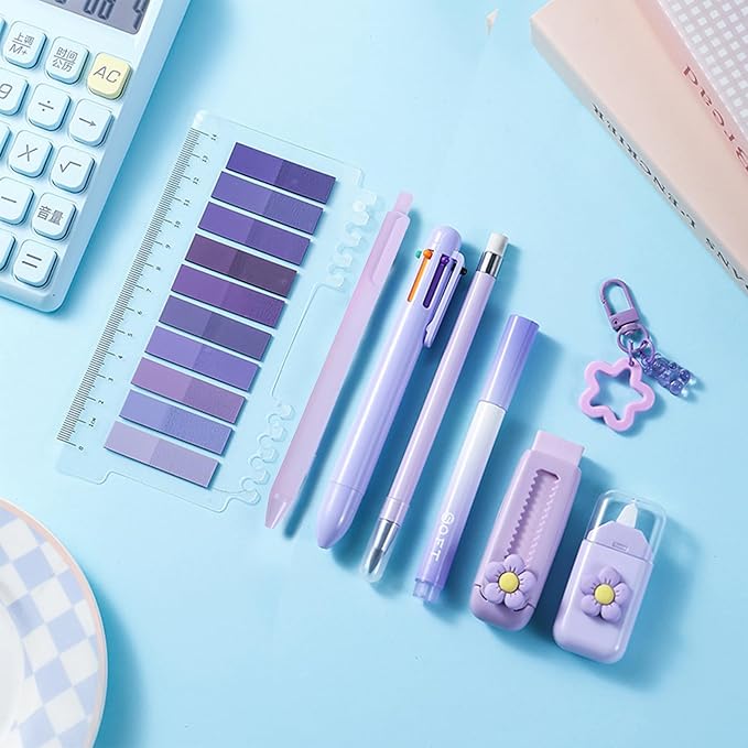 MOZXIRZ 7 Pcs Cute Purple Stationery Set for Women Office Supplies Back to School Supplies Kawaii Stationery Gift Including Pen Pencil Eraser Highlighter (Purple)