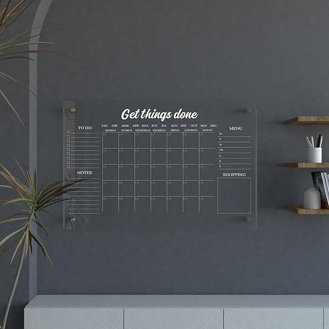 Custom Acrylic Wall Calendar – Personalized Dry Erase Monthly Planner with To-Do List, Menu & Shopping Section – Clear, Modern Office or Kitchen Organizer – Reusable, Writable, and Stylish