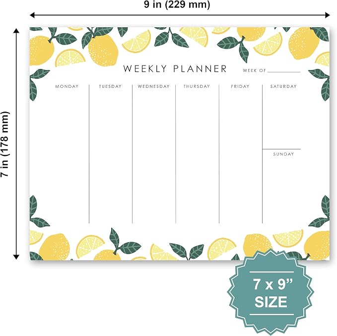 Weekly Planner Notepad - 9x7” inches, 52 tear off sheets - Undated Desk Planner Pad Calendar Notepad Organizer for Weekly To Do List, Notes and Schedule (Lemons)