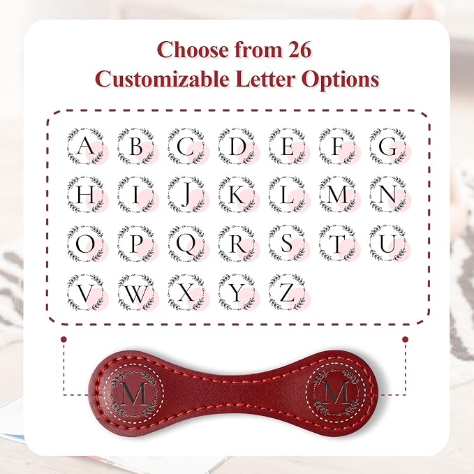 Personalized Leather Magnetic Bookmark with Pen Holder – Custom Initial Design for Readers（RED-F）