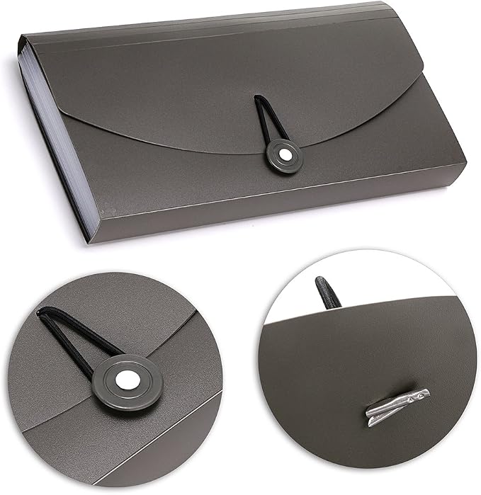 BTSKY 13 Pockets Expanding Check Bill File Folder-Hand-held Small Accordion File Folder Expandable Card Ticket Holder Plastic Business Document Organizer Wallet Case New Grey