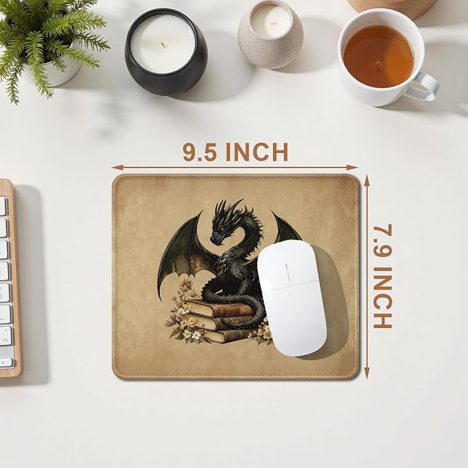 Vintage Book Lover Dragon Mouse Pad, Black Baby Dragon Mouse Pad for Book Readers, Fantasy Desk Accessory for Home Office Computers Laptop, Bookish Gift for Reading Lovers, 9.5x7.9 Inch