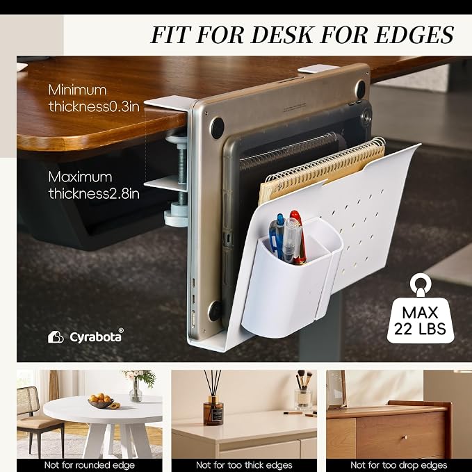 Under Desk Laptop Holder, No Drill Table Side Storage Organizer, White Clamp On Desktop Shelf Steel Table Hanging Mount File Tray, Desk Accessories & Workspace Organizers (White)
