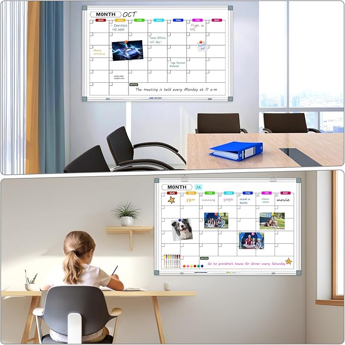 2 Pack Calendar Whiteboard for Wall 36" x 24", Magnetic Dry Erase Board Calendar for Wall, Monthly Wall Mounted White Board with Eraser & Marker & Magnet
