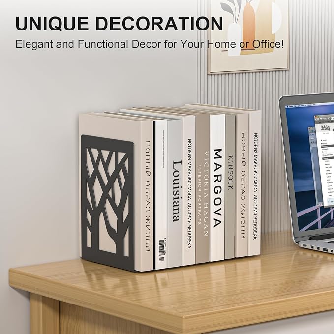 Bookends 4 Pieces, Tree Design Modern Metal Bookends for Shelves, Black Tree Book Ends Decorative Book Organizer for Desk, Decorative Shelve Book Stopper for Home Office