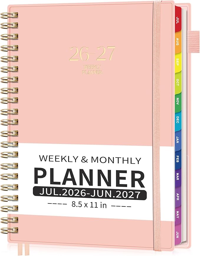 EMSHOI Academic Planner 2026-2027, Large A4 8.5x11, Weekly and Monthly Calendar (July 2026-June 2027), School Student Teacher Agenda Book, 100GSM Thick Paper, PVC Cover, Colorful Tabs, Pink