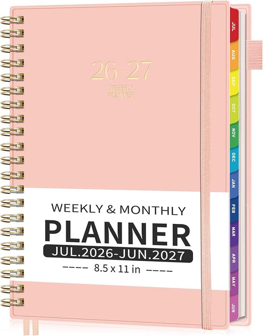 EMSHOI Academic Planner 2026-2027, Large A4 8.5x11, Weekly and Monthly Calendar (July 2026-June 2027), School Student Teacher Agenda Book, 100GSM Thick Paper, PVC Cover, Colorful Tabs, Pink