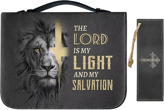Retro Religious Style Cross Lion Bible Case with Bookmark Waterproof Bible Cover Case for Women Lightweight Bible Bag with Handle Pockets Church Book Bag Grey