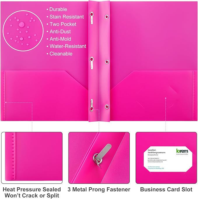 Cholemy 72 Packs Pocket Folders with Prongs Heavy Duty Plastic Folder with Business Card Slot 3 Prong Fasteners for School Office (Soft)
