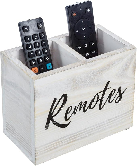 MyGift TV Remote Control Holder Organizer, Wood DVD Remote Caddy Storage for Table, 2 Large Compartment, Shabby Whitewashed Solid Wood with Black Cursive Remotes Label