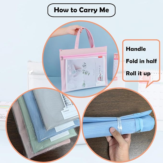 Mesh Zipper Pouch 11x13.7 in, A4 Double Pocket Waterproof File Bag with Handle, Document Storage for School/Travel/Office/Cross Stitch/Puzzle (Pink)