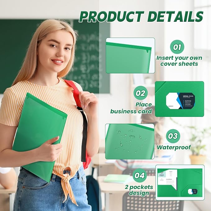 Henoyso 18 Pack Green Plastic Folders with Clear Front Pockets Heavy Duty File Folders with 2 Pockets and Card Slot for Student Communication School Office Presentation Report