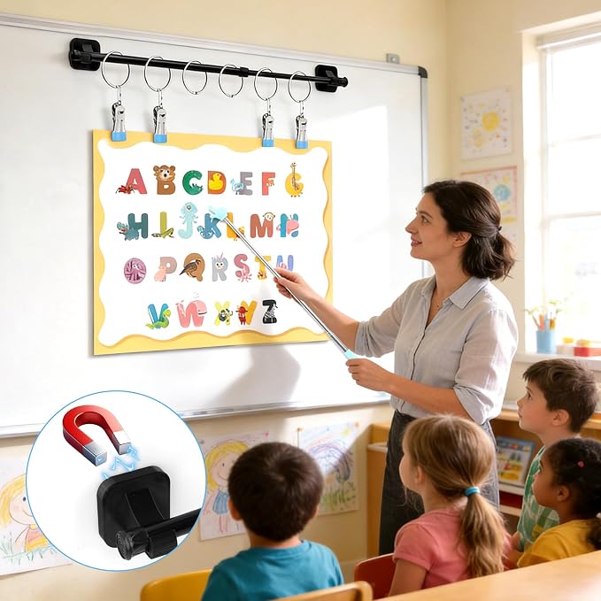 Magnetic Rod for Classroom Whiteboard, Adjustable 16–30 in Stainless Steel Magnetic Flip Calendar Holder with Reading Pointer, Easy to Install Anchor Chart Paper Holder for Preschool, Kindergarten