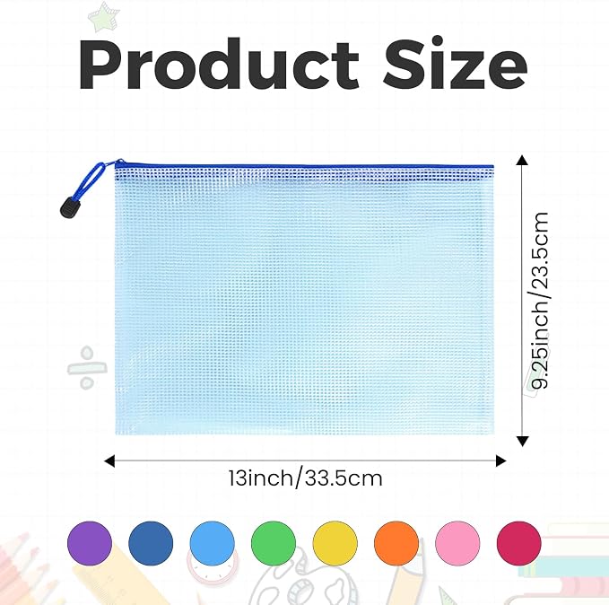 64 Pcs A4 Mesh Zipper Pouch Bags, 8 Colors Waterproof Zipper Pouches, 13 x 9.25 Inch Mesh Bags, Plastic Zippered Storage Bags, Bulk Clear File Bag for Office Supplies, Home Organize