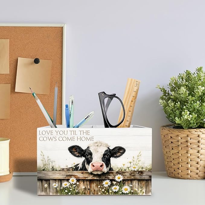 Farmhouse Daisy Floral Cow Pen Holder for Desk, Cow Lover Gifts Pencil Organizer, Love You Til the Cows Come Home Wooden Box Sign Desk Decor for Kids Girls Room Nursery Decoration