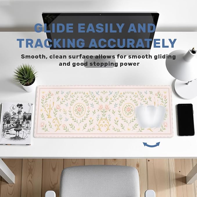 Romantic Garden Gaming Mouse Pad Large Desk Mat Soft Pink Rose Vintage Butterfly Mousepad for Keyboard and Mouse Extra Large Full Desk Computer Pads 31.5 x 11.8 Mouse Pads for Desk Home Office Gaming