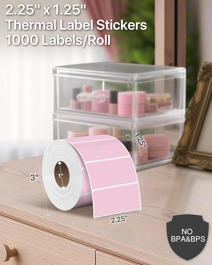 iEager 2.25x1.25 Inch Thermal Labels, Pink Durable Thermal Printer Stickers, Self-Adhesive Rectangle Shipping Label Printer Sticker for Barcode, Name, Address, 1000 Labels/Roll