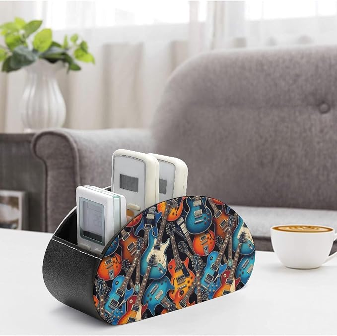 Remote Control Desk Caddy with 5 Compartments, PU Leather Holder for Media Players, Controllers, and Office Supplies, Music Guitars