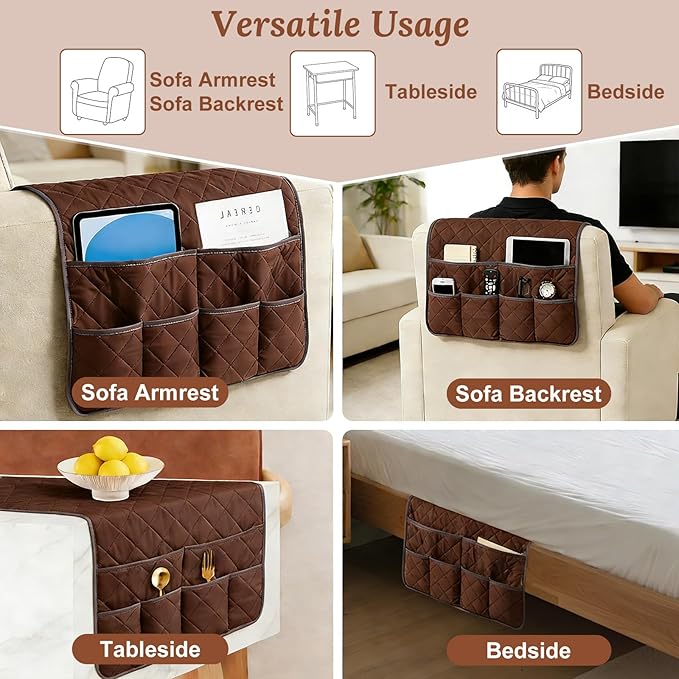 Sofa Armrest Organizer with 6 Pockets, Remote Control Holder for Recliner, Non-Slip Couch Sofa Chair Armrest Organizer, Armchair Caddy Bedside Storage for Magazine Book TV Phone iPad Tablet (Coffee)