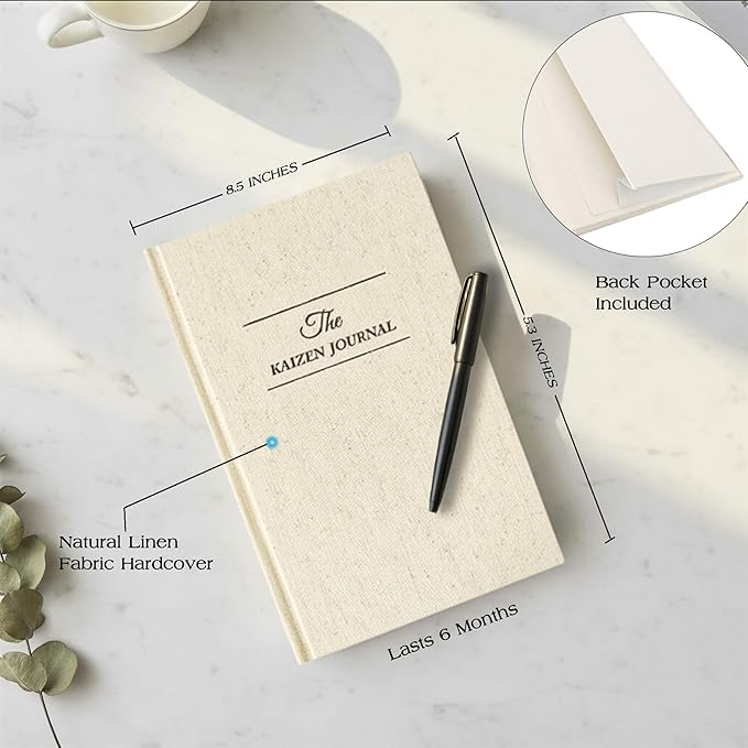 The Kaizen Journal for Self Improvement – Undated Daily Planner & Habit Tracker for Men & Women, Productivity, Focus & Mental Health – 24-Week Goal Planner with Gift-Ready Box, Two Colors (Original Linen)
