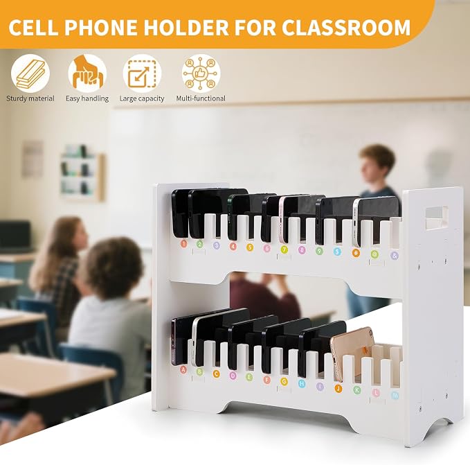 EARTHSON Cell Phone Holder Storage Box for Classroom, White PVC Cell Mobile Phone Management Desktop Organizer, Caddy Box for Office and School Supplies