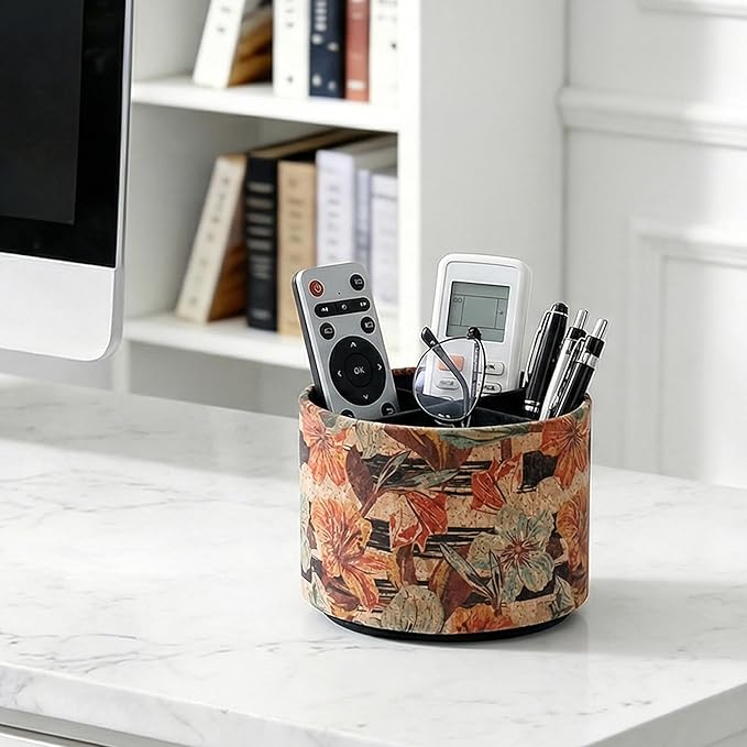 Round Leather Art Supply Organizer,Remote Control Holder,360 Degree Spinning,Multi-Functional Pencil Holder,4 Compartments Desktop Stationary Organizer(1-Organizer Blue Flower)