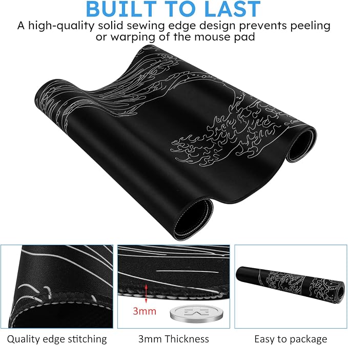 iCasso Mousepad, Gaming Mouse Pad, XXL Large Desk Mat, Big Rubber Base Mouse Mat with Stitched Edges, Computer Keyboard Desk Pad for Work, Game, Office, Home - Black Wave of Kanagawa