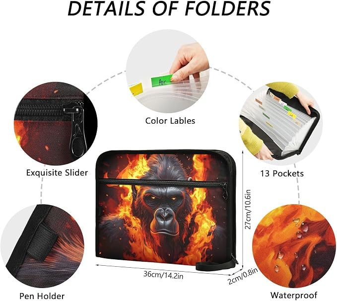 Expanding File Folder Fierce Gorilla King Kong Accordion File Organizer 13 Pockets Document Organizer with Zipper Labels A4 Letter Office Storage