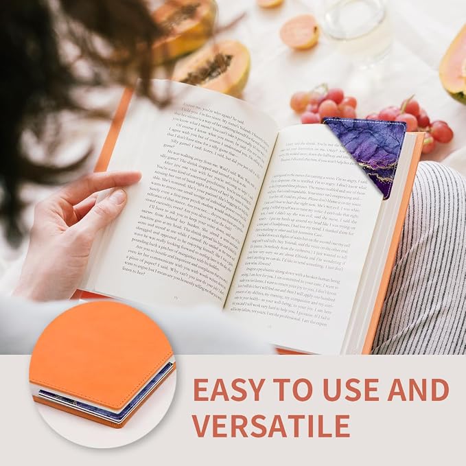 Cute Leather Bookmarks, Fun Triangle Making Corner Bookmark, Book Accessories for Reading Book Lovers, Unbreakable Page Markers for Women Men Luxury Purple Marble