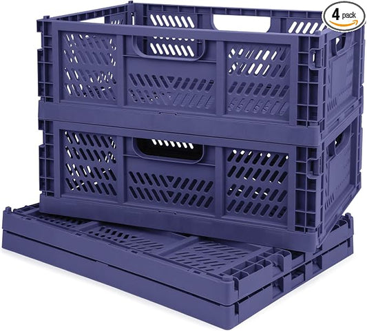 Domiella 4-Pack Crates for Storage, 16x12x6 Stackable Crate Plastic, Folding Bins for Office Home Kitchen Bedroom Bathroom, Blue