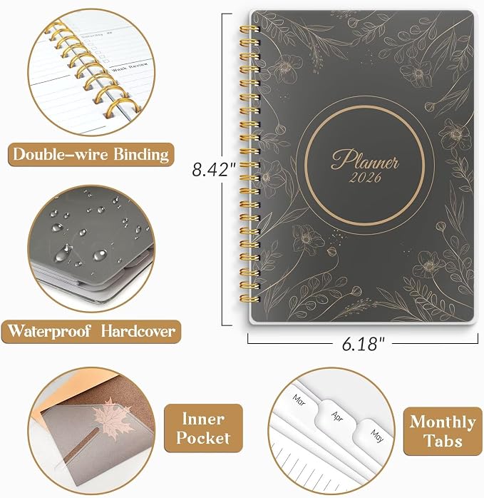 2026 Planner, Weekly and Monthly Planners with Tabs, A5 Spiral Bound Daily Calendar 2026 Planner, 12 Month Agenda Organizers from Jan. to Dec., Flexible Cover Appointment Book(Black Gold Flower)