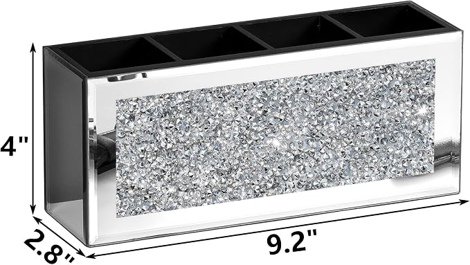 Mirrored Pen Holder 4 Compartments, Crushed Diamond Pencil Holder for Desk Glass Pen Organizer Cup for Countertop Accessory Storage, Silver
