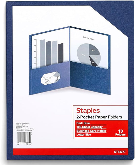 Staples 2-Pocket Paper Folders, Dark Blue – Letter Size School & Office Folders, 10-Pack