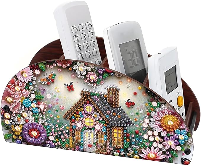 Remote Control Holder with 4 Compartments, DIY Diamond Art Painting Wooden Half Moon TV Control Holder for Remote Controllers, Office Supplies, Makeup Brush, Media Accessories-Wooden House