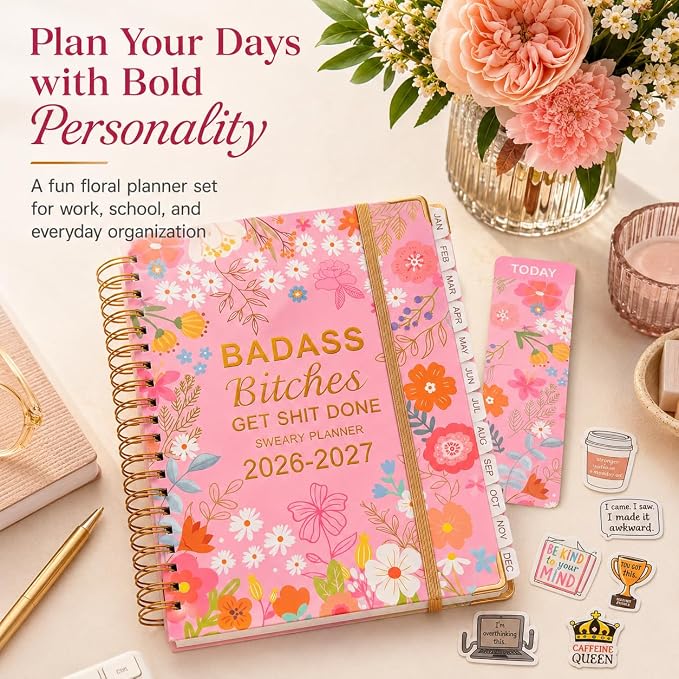 Badass Bitches Get Shit Done Sweary A5 Planner 2026-2027 - 6.2*8.5" Weekly Monthly You Are A Badass Calendar for Women, Fuck It Swear Daily Notebook Goals Productivity Journal Affirmations Gift, Pink