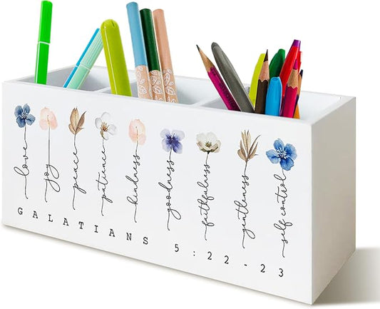 Christian Pen Holder for Office Desk, Religious Christian Gifts for Women, Floral Boho Christian Bible Verses Wooden Pen Pencil Holder Organizer for Home Office Desk Accessories