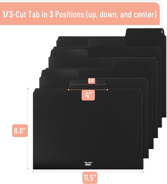 Mr. Pen- Black File Folders Letter Size, 6 Pack, 1/3 Cut Tab & Expandable Design, 24 pcs of Labels, File Folders Black