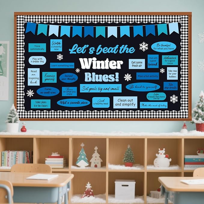 Funrous 63 Pcs Winter Mental Health Bulletin Board Set Motivational Classroom Decor Let's Beat The Winter Snowflake Paper Cutouts for Holiday Party School Classroom Home Wall Decor Supplies