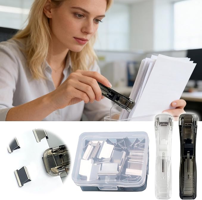 Portable Binder Clip Stapler, Includes 150 Reusable Clips, Push Clip Staplers, Mini Push Stapler Clamp Staplers for Desktop Document Home School Desk Office (P#)