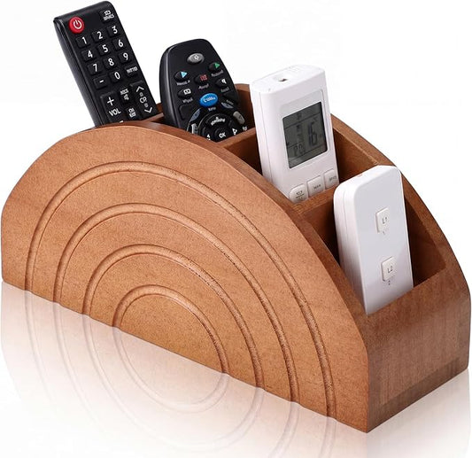 SiliFine Wooden Remote Control Holder Caddy with 5-compartment Pine Wood Boho Rainbow Arch Design Desktop Storage Box Organizer for TV Remotes Makeup Brushes Office Supplies for Table Desk Living Room