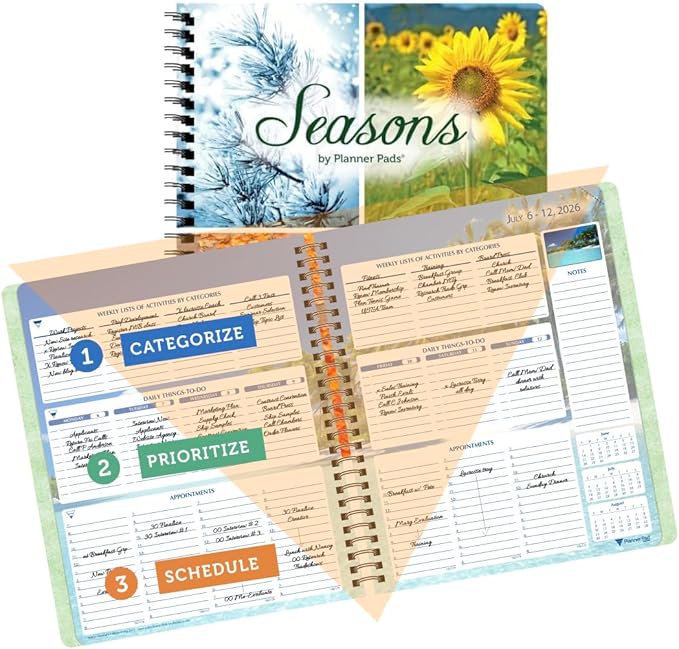 Planner Pad Spiral Bound 3-Tier Funnel Down 12 Month Medium Size Organizer, July 2026 – June 2027 / Academic Year, Seasonal Color Ink, 6 3/4" x 8 1/2"